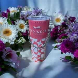 Coach Pink and Silver Tumbler with Chain